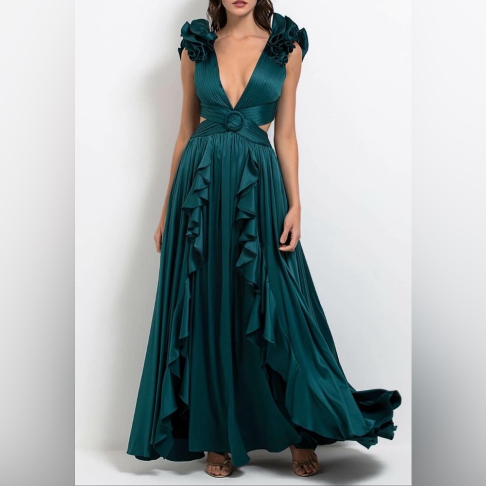 PatBO Prussian Green Cutout Plunge V Gown Size 2